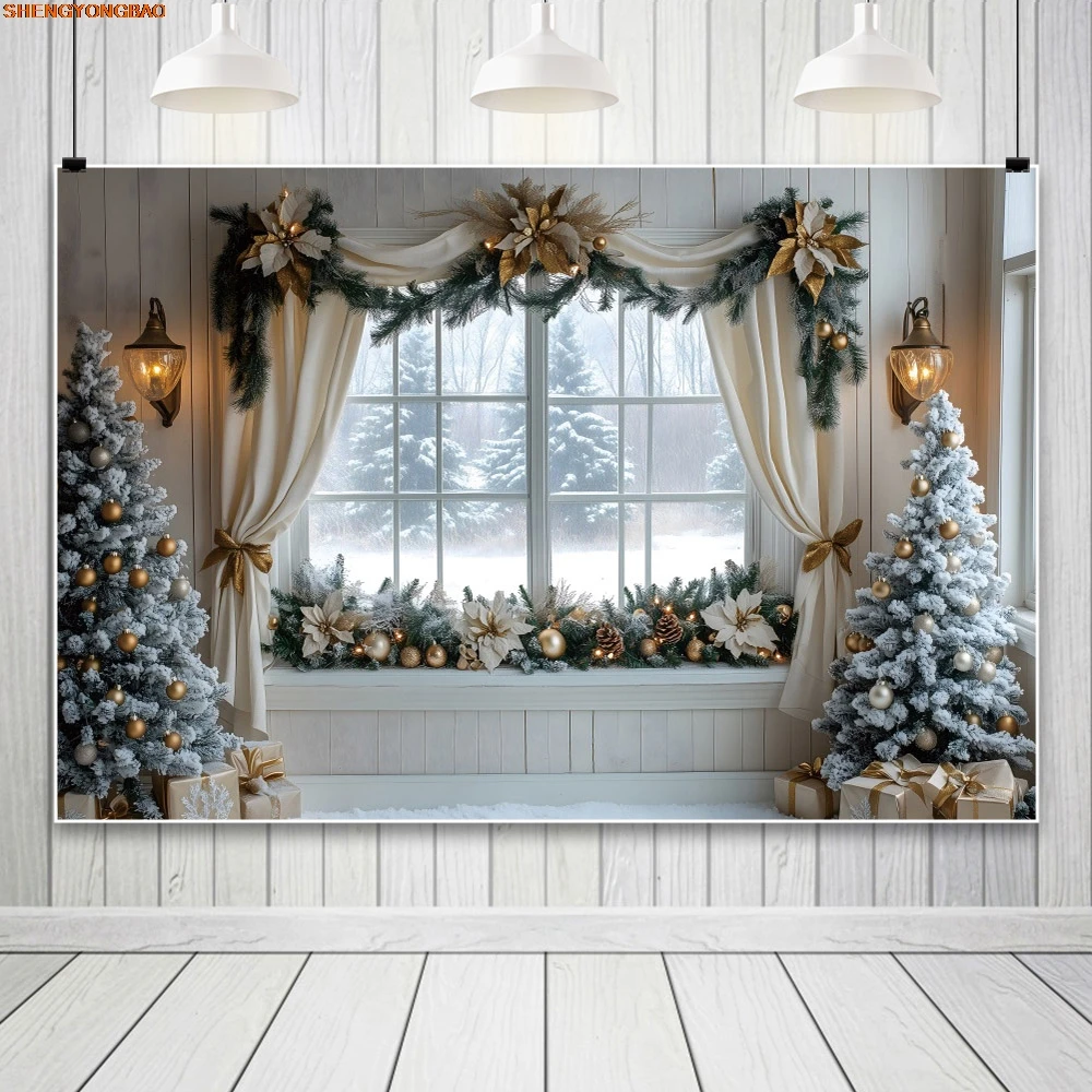 Winter Christmas Photography Background White Window Xmas Tree Gifts Wreath Kids Family Portrait Photocall Background Decor Prop