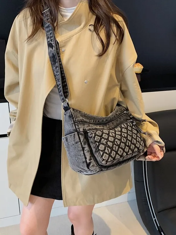 

Faionable Versatile Canvas oulder Bag Women's Large Capaci Casual Commuter Crossbody Bag Denim Multi-layer Small Bag