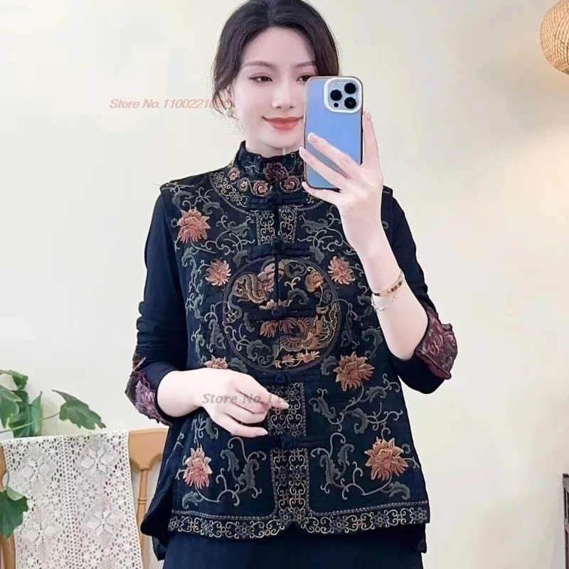 2025 chaleco popular con bordado de flores nacionales, chaleco jacquard satinado con cuello levantado oriental, chaqueta tradicional sin mangas, tops hanfu