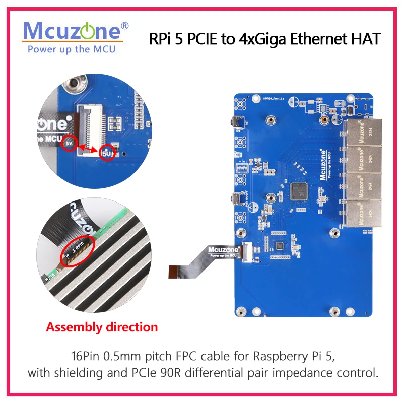 MPG4-4G,Raspberry Pi 5 PCIE to 4xGiga Ethernet HAT, Use switches to expand four-channel Gigabit Ethernet; openwrt OS driverfree