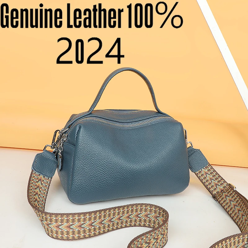 Women 2024 Genuine Leather Ladies Handbags Female Tote Sac High Quality Solid Color Genuine Leather Shoulder Crossbody Bags For