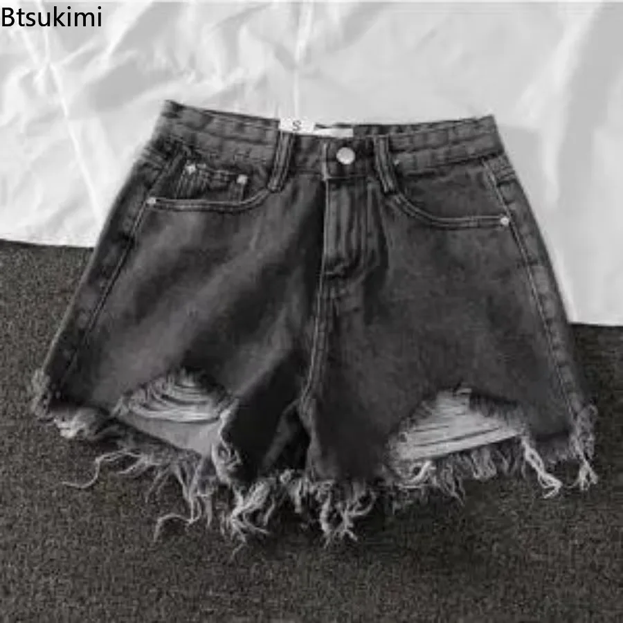 New 2025 Women's Summer Denim Shorts Solid High Waist Ripped Wide-Legged Super Short Shorts Loose Burrs A- Line Hot Pants Thin
