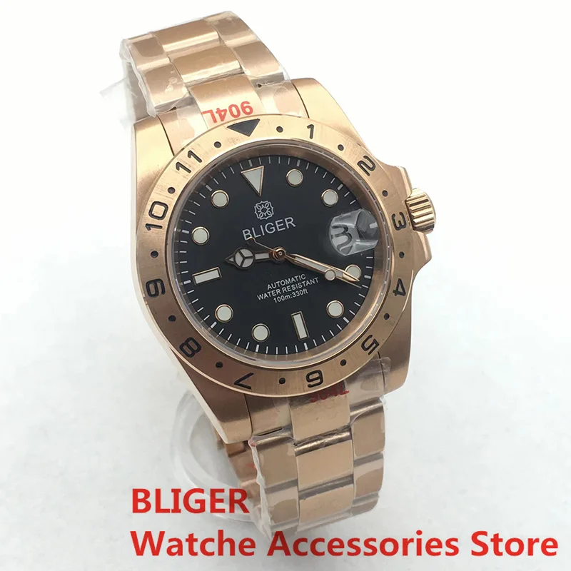 BLIGER Rose Golde 40mm NH35 Automatic Movement Black Logo Dial Stainless Steel Sapphire Glass Bead Strap Men Watches