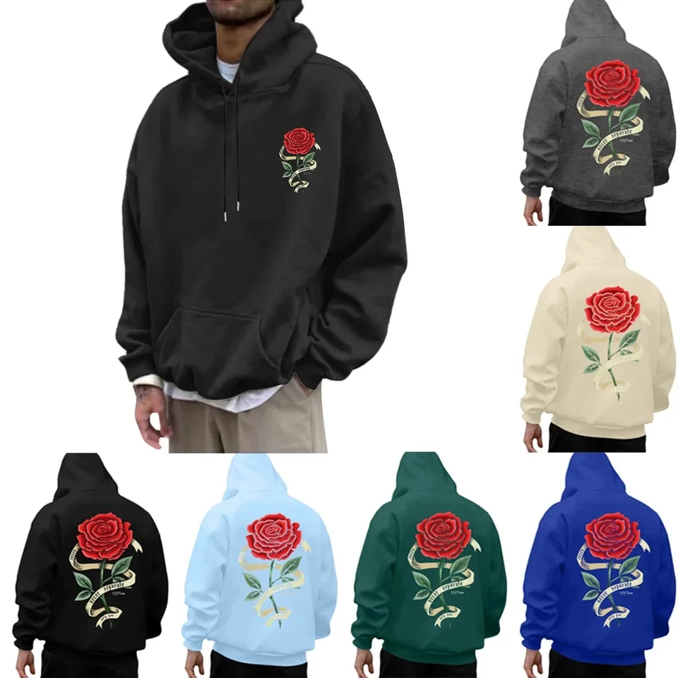 

New Mens Hoodie Fashion Rose Print Pullovers Autumn Long Sleeve Hooded Sweatshirt Male Sportswear Trendy Casual Hoody Streetwear