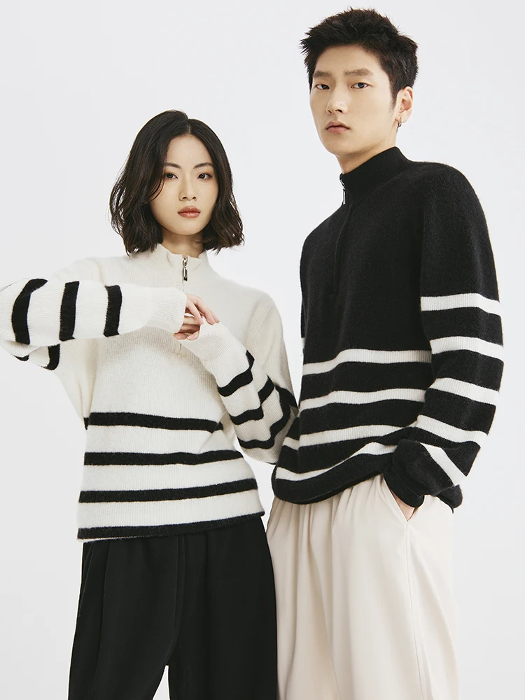 

Couple Outfit Autumn Winter 100% Pure Wool Cardigan Sweater Half-Zip Collar High Loose Quality Stripes Knit Sweater For Couples