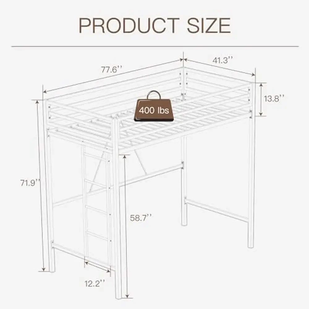 Twin Size Loft Bed Metal Frame with Safety Guard Removable Ladder Space-Saving Design Stain Resistant Modern Style Easy Assembly