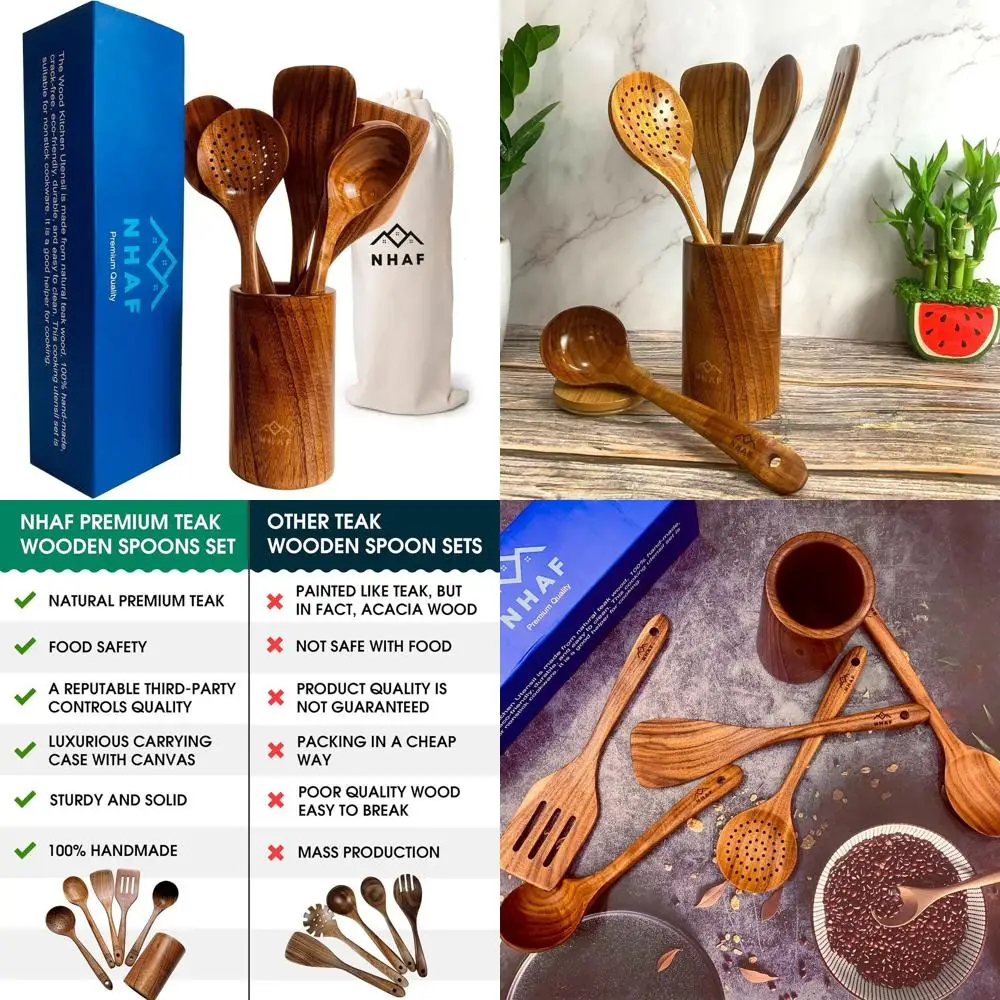 

Eco-Friendly Teak Wood Utensil Set with Holder & Bag, Premium Spatula & Spoons, Cooking Gift for Mom