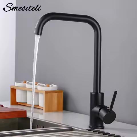 Matte Black Kitchen Faucet Brass 360 Degree Single Handle Kitchen Sink Mixer Hot &amp; Cold Water Tap Deck Mounted