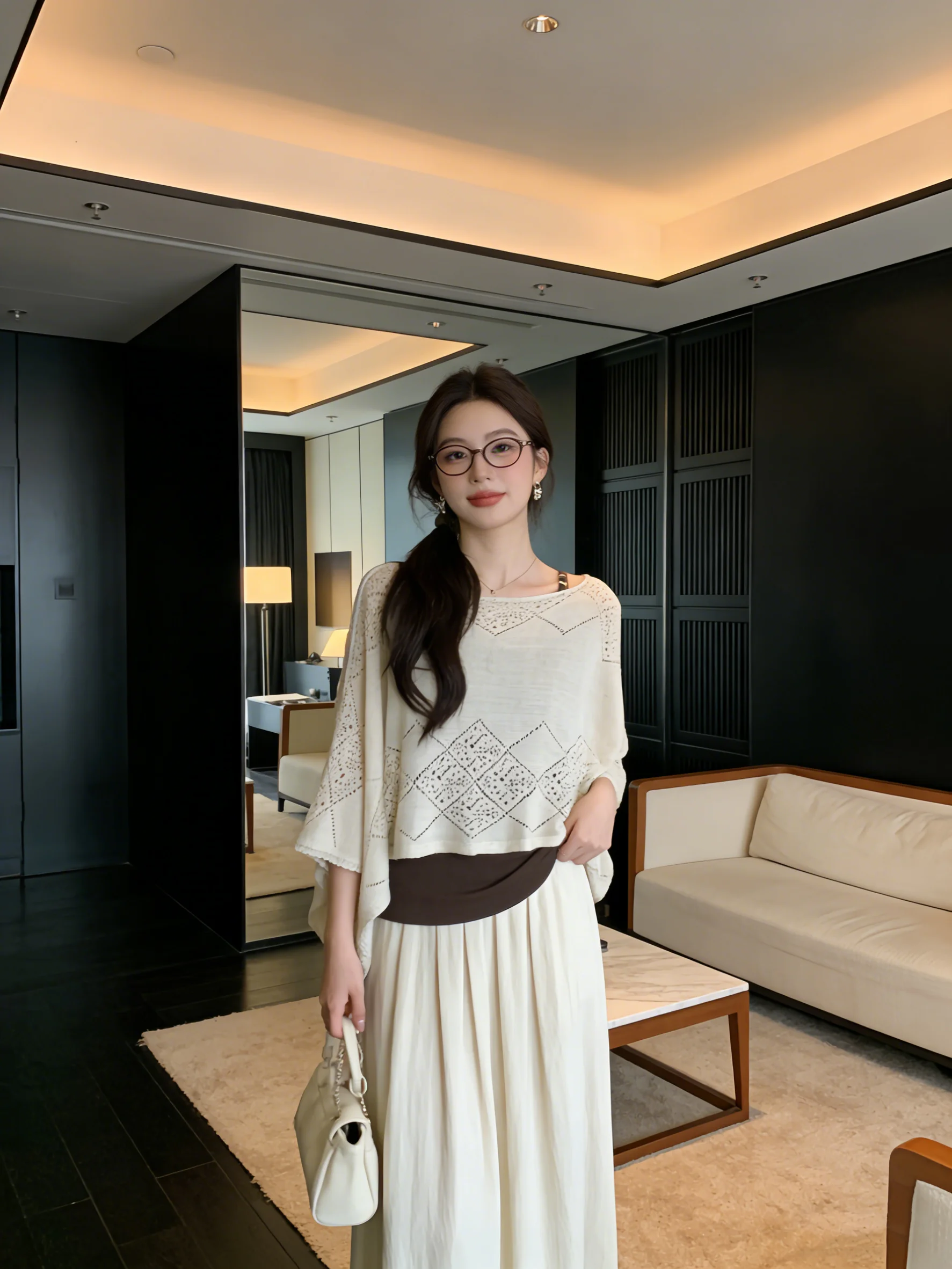 

Elegant Lightweight Knitted Asymmetrical Coat Top Women Slimming Sexy Camisole Set Early Spring New Style Korean Fashion