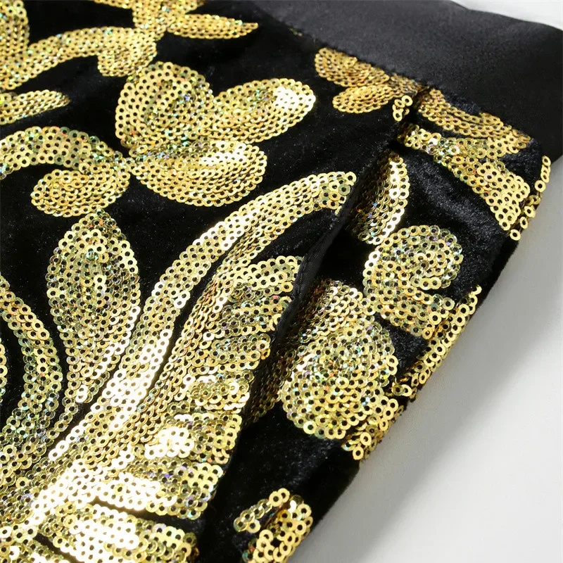 

Men Black Velvet Sequined Suit Pants, Gold / Blue / Purple Male Wedding Ball Party Bar KTV Luxury Flower Trousers
