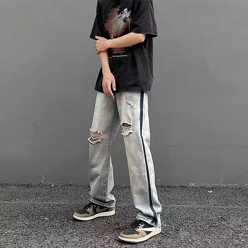 

Retro American High Street Yellow Mud Color Blo Patchwork Loose Straight Leg Men's Jeans Youth Faion Spring Autumn