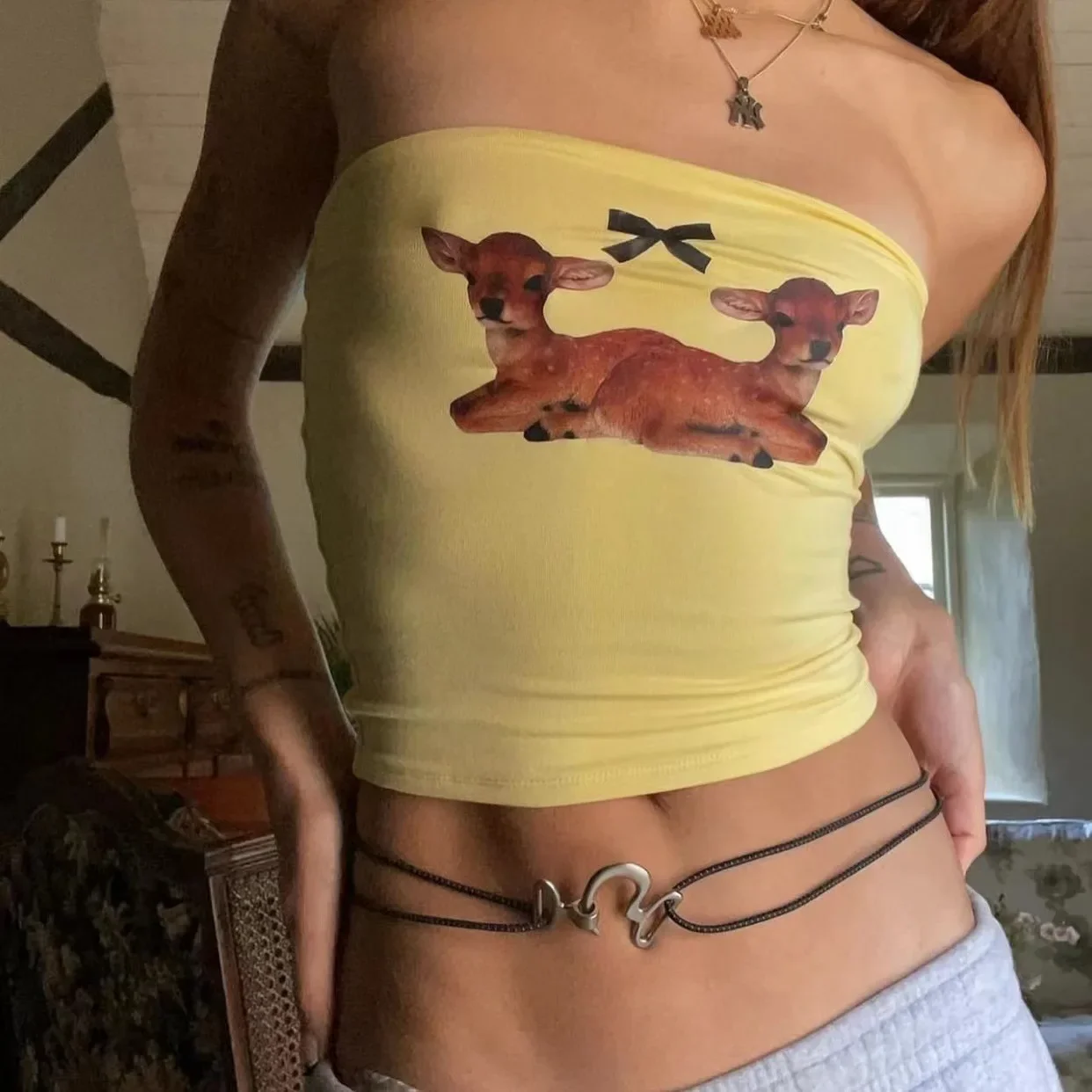 

Deer Print Y2k Tops Strapless Corset Tops Women Tube Tops 2025 Summer Sleeveless Slim Cropped Top Skinny Fit Bustier Clothes