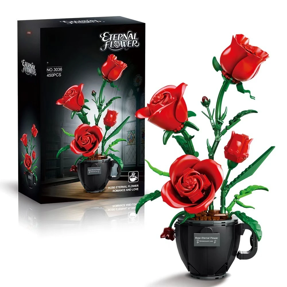Gesimuleerde Koffiekopje Rose Model Bouwstenen Set Gemonteerd Plant Pot Boeket Ornament Bloem Speelgoed MOC Bricks DIY Meisje Geschenken