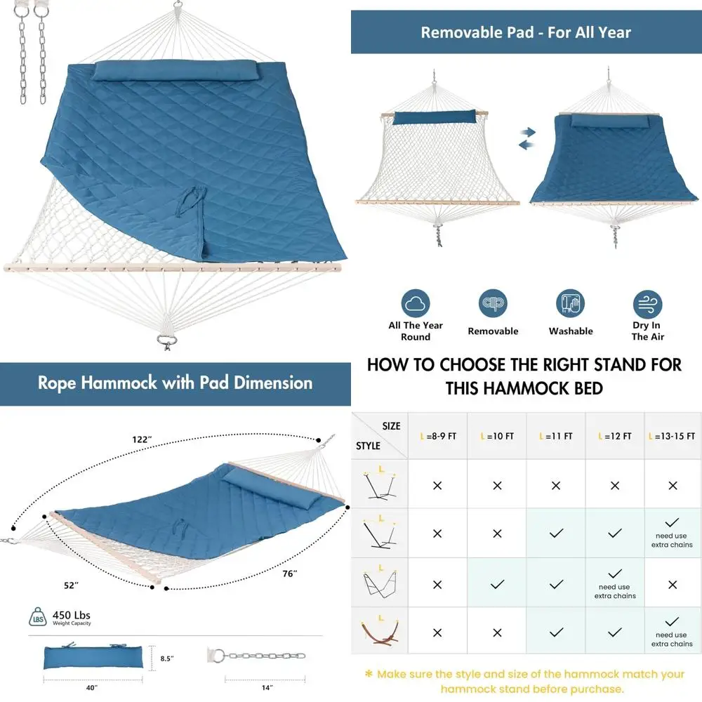 

Двойной гамак со съемной подушкой и подушкой, для использования в саду, грузоподъемность 450 фунтов, синий