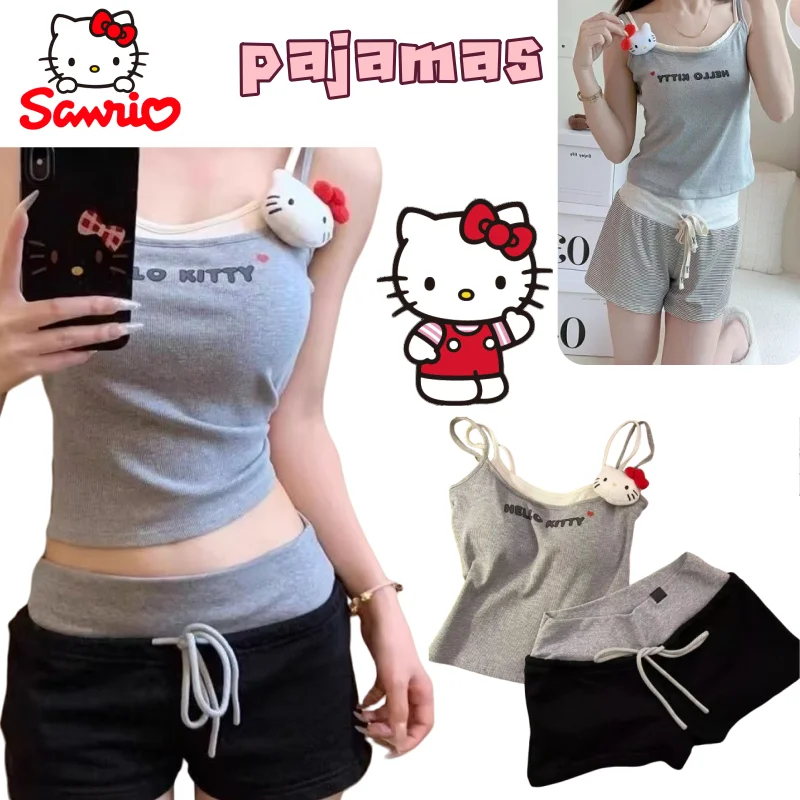 

Sanrio Hello Kitty Cute Kawaii Girl Can Be Worn Outer in Summer with Chest Padded Vest Shorts Soft and Comfortable Loungewear