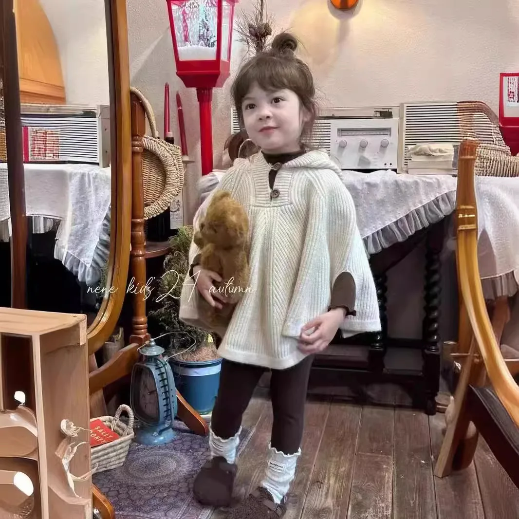 

2025 Children's Hooded Cloak Going Out Windproof Cardigan Knitted Cloak Sweater Jacket