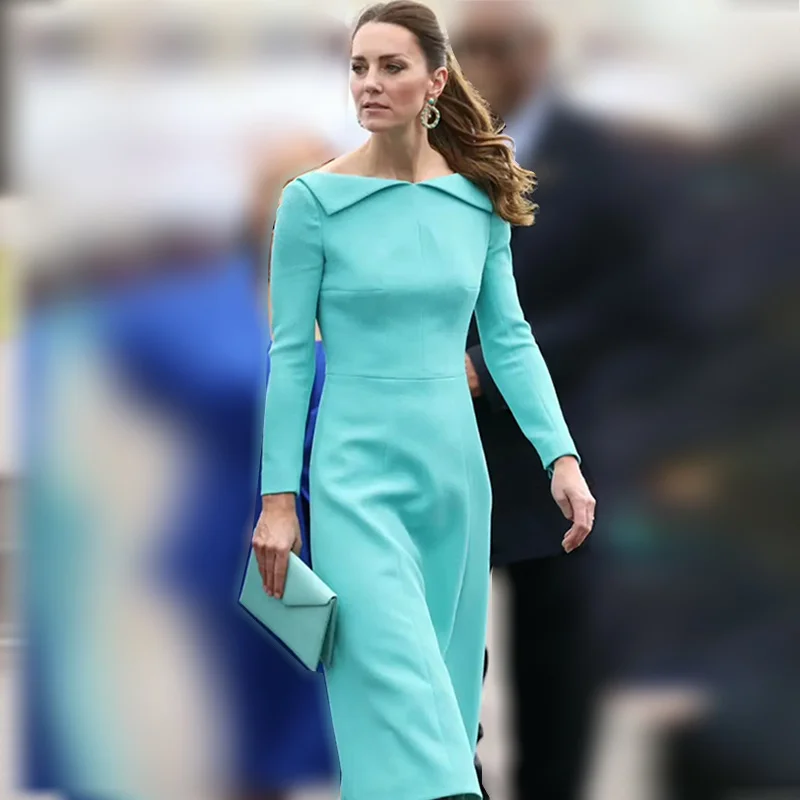 Princess Kate Middleton Luxury Elegant Dress Women Long Sleeve Spring Fall Pockets Designer Office Lady Formal Casual Dresses
