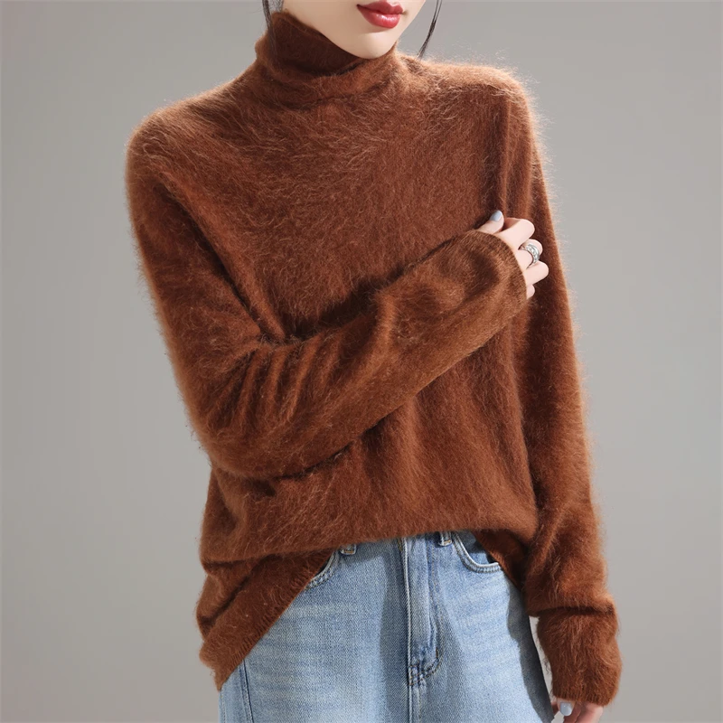 2025 جديد 100% ميرينو رداء علوي من الصوف المرأة كومة طوق نحى بلوفر مغزول بلون كبير الحجم بلايز الخريف الملابس الدافئة