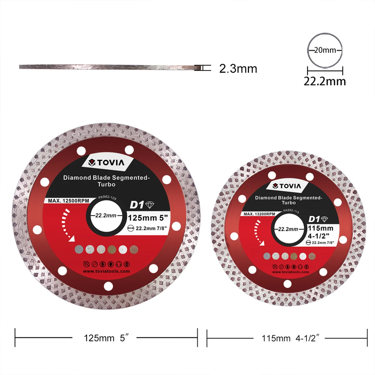 TOVIA 115mm/125mm 22.2mm Diamond Blade Segmented‑Turbo Cutting Blade for Angle Grinder Cutting Disc Granite Marble Dry Cutting