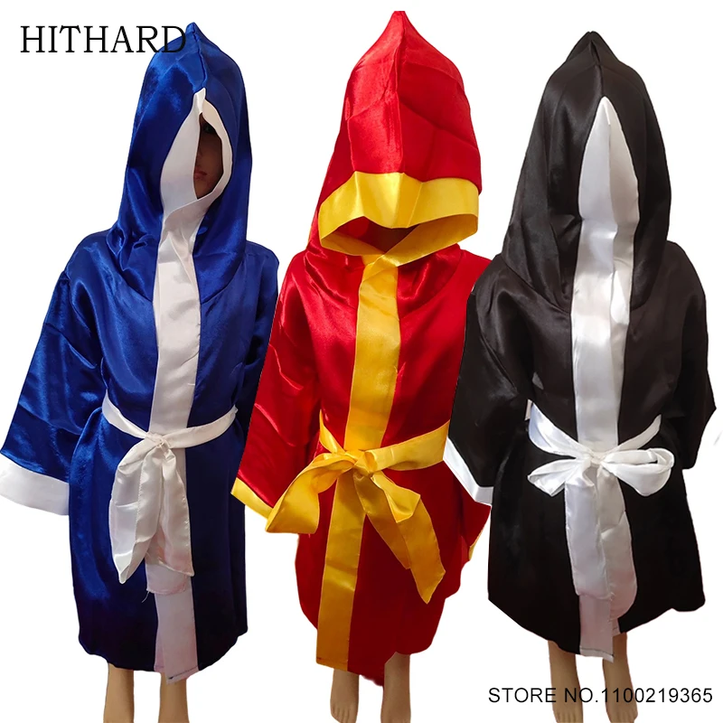 Boxing Robe Children Muay Thai Robe Boys Girls Hooded Martial Arts MMA Combat Kickboxing Competition Training Gown Black Red