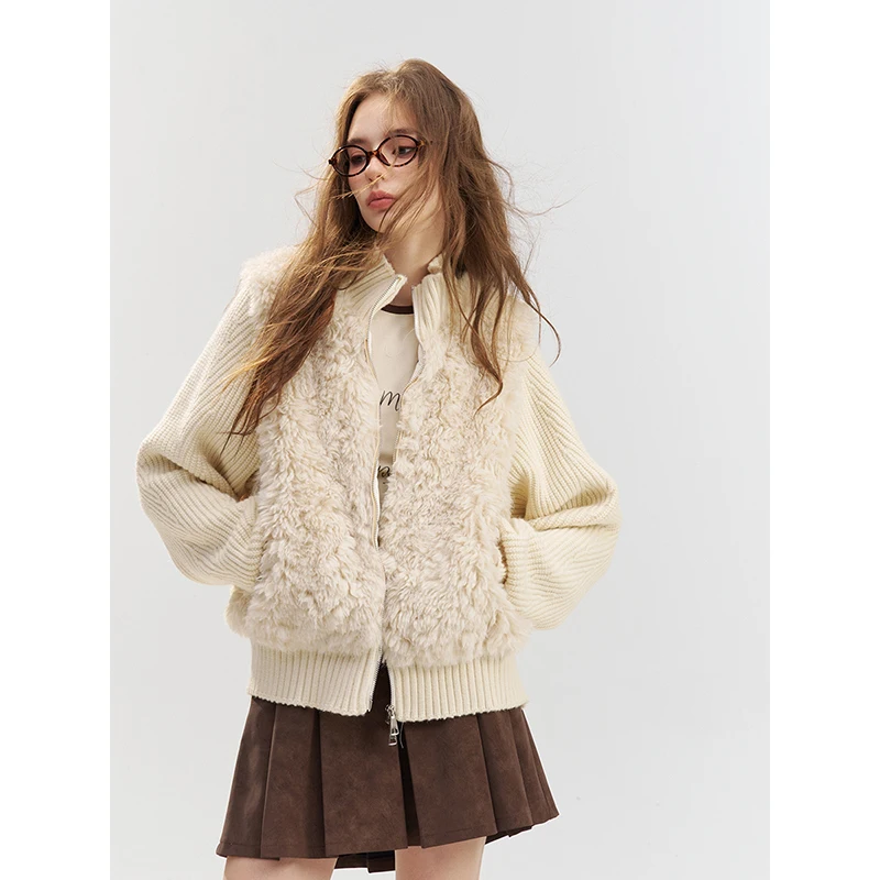 ELFSACK Women's Fuzzy Patchwork Knit Short Coat with Stand Collar, Cozy Long Sleeve Outerwear for Winter Casual Wear