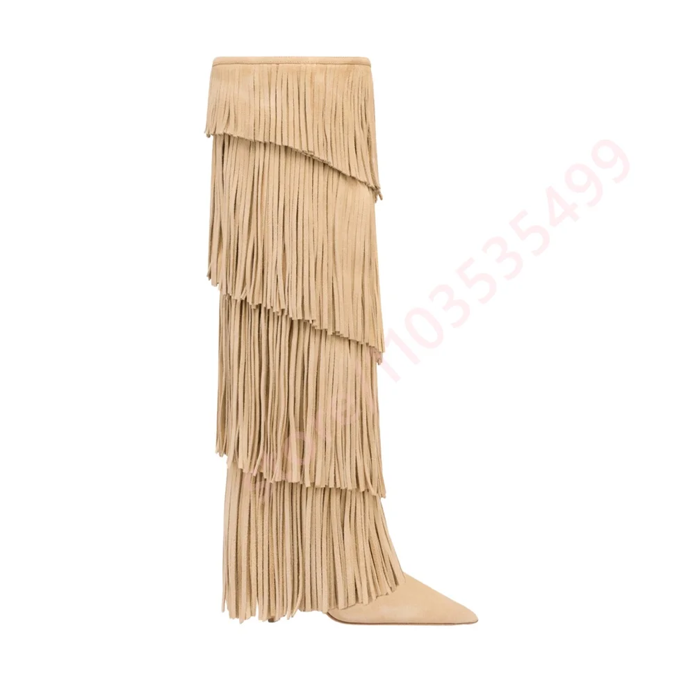 

Autumn Pointed Toe Stiletto Heeled Tassel Boots 2025 Retro Women's Solid Color Western Boots Model Runway Party Sexy Long Boots