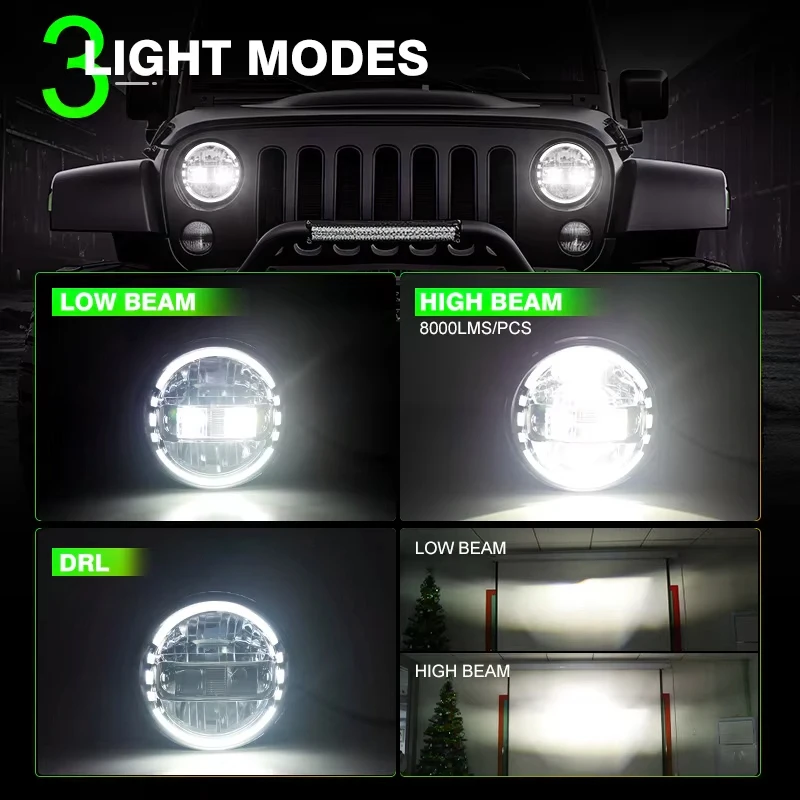 

7In Led Headlight For Lada Niva 4x4 H4 High Low Beam Round Headlamp Cars Running Lights for Jeep Wrangler JK Land Rover Defend