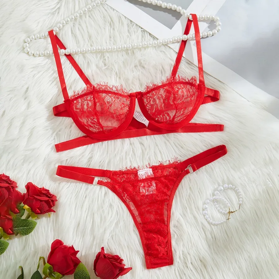 HOTEuropean and American French lace sexy three-point sexy underwear with steel ring chest sling split bikini suit