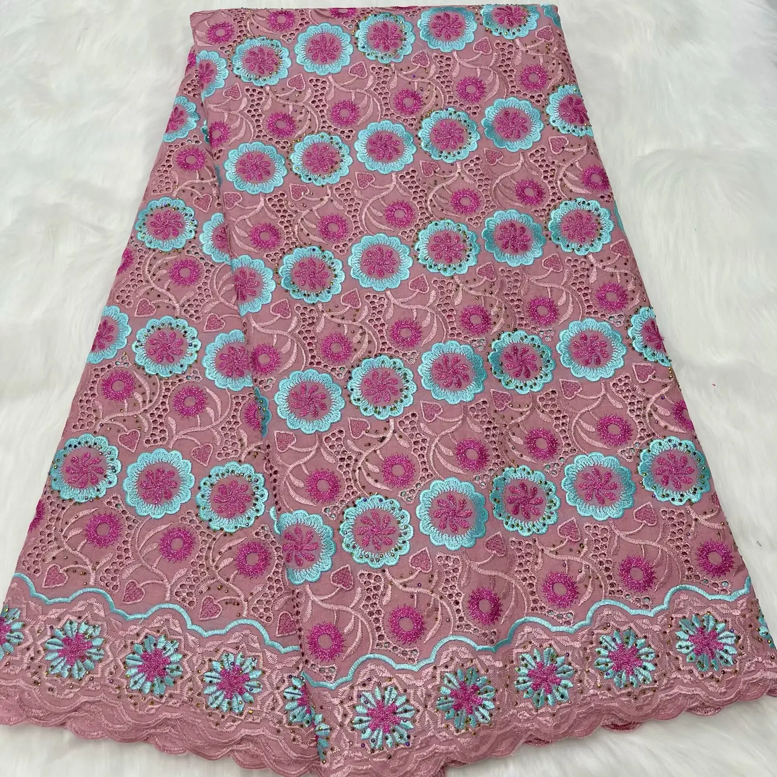 

Swiss Voile Lace Fabric High Quality Lace100% Cotton African Voile Embroidery With Rhinstones For Women Dress 5 Yards