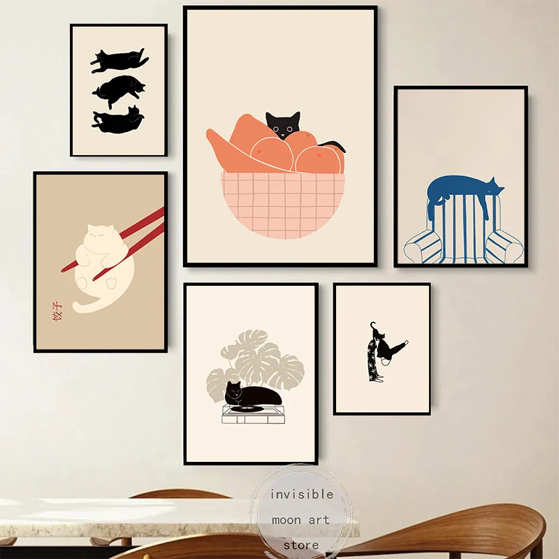 Cute Cat Illustration Cat Fruit Bowl Cat Line Sleepy Kitties Art Poster Canvas Painting Wall Prints Picture Room Home Decor