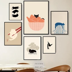 Cute Cat Illustration Cat Fruit Bowl Cat Line Sleepy Kitties Art Poster Canvas Painting Wall Prints Picture Room Home Decor