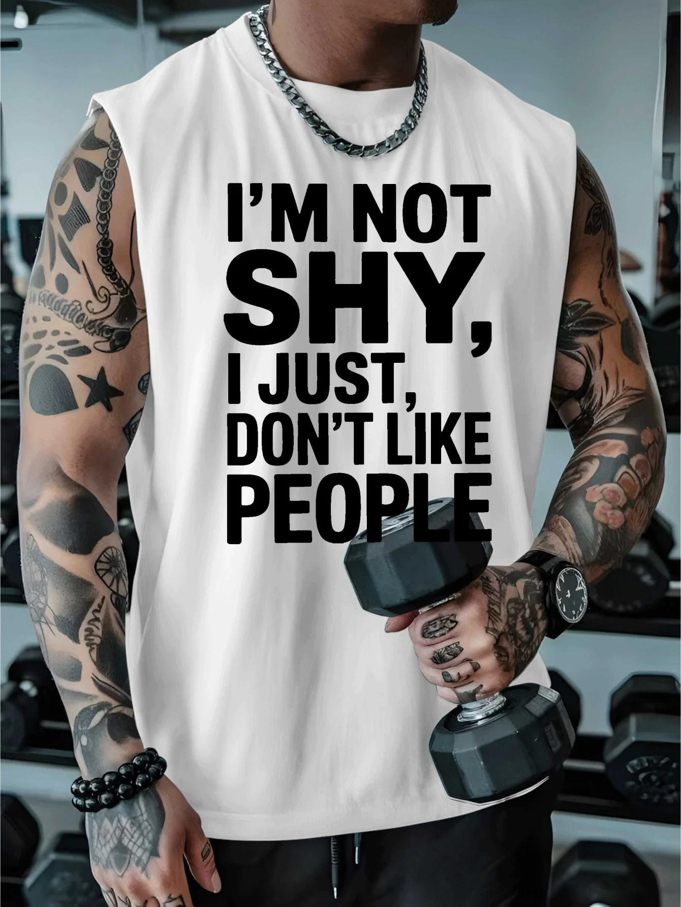 

I'm not shy, I just don't like being in crowds. "Men's oversized sleeveless tank top - bold black print, suitable for fitness"