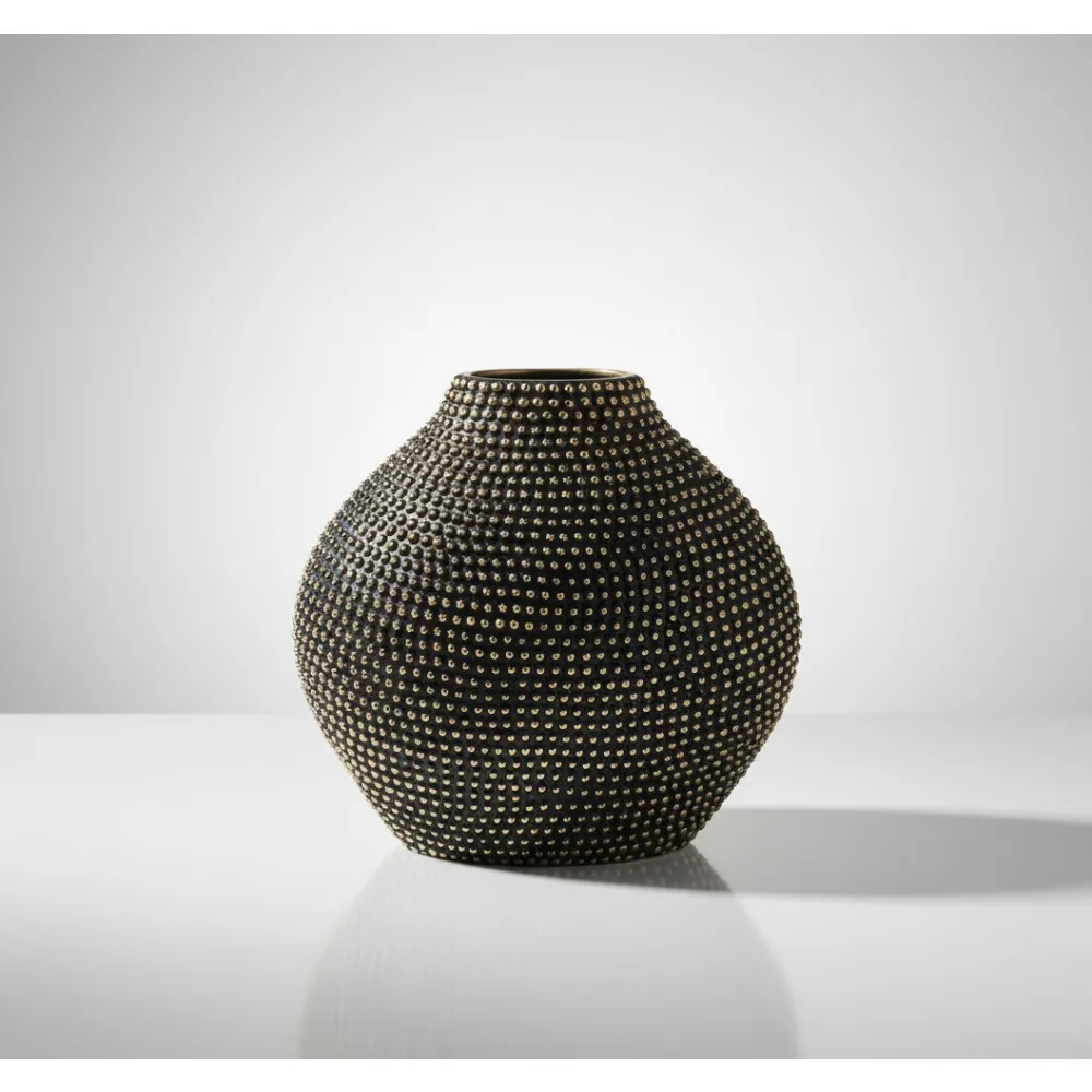 

Modern Black Ceramic Vase with Gold Beaded Design - 16" Home Decor Centerpiece for Living Room & Office