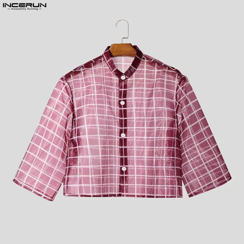 INCERUN Men Shirt Plaid Mesh See Through Half Sleeve Male Tops Streetwear Oversize 2026 Fashion Casual Men Clothes Camisa S-3XL