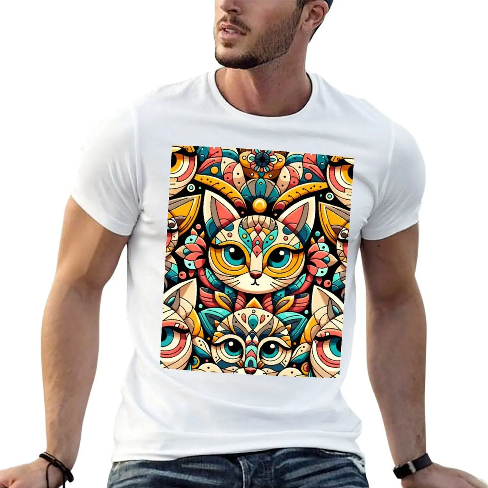 

Folk Art Cat Illustration - Whimsical Feline Pattern Artwork T-Shirt cotton t shirt man funny t shirts dark humor T-Shirt