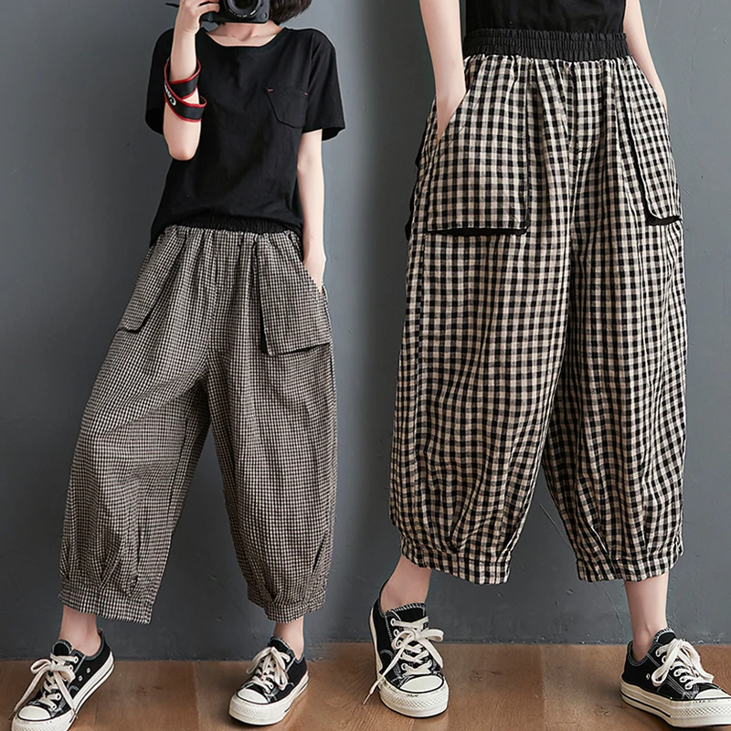 

Хлопковые и льняные клетчатые брюки-фонарики, свободные повседневные брюки с эластичной резинкой на талии для женщин больших размеров, летние широкие брюки для поездок на работу, семь...