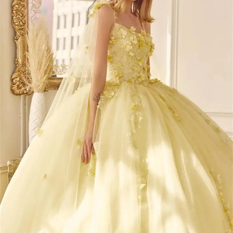 Yellow Quinceanera Dresses, Ball Gown, Women Sweet 15 16 Dress, Cocktail Dresses, High Waist Tulle With Flower Appliques