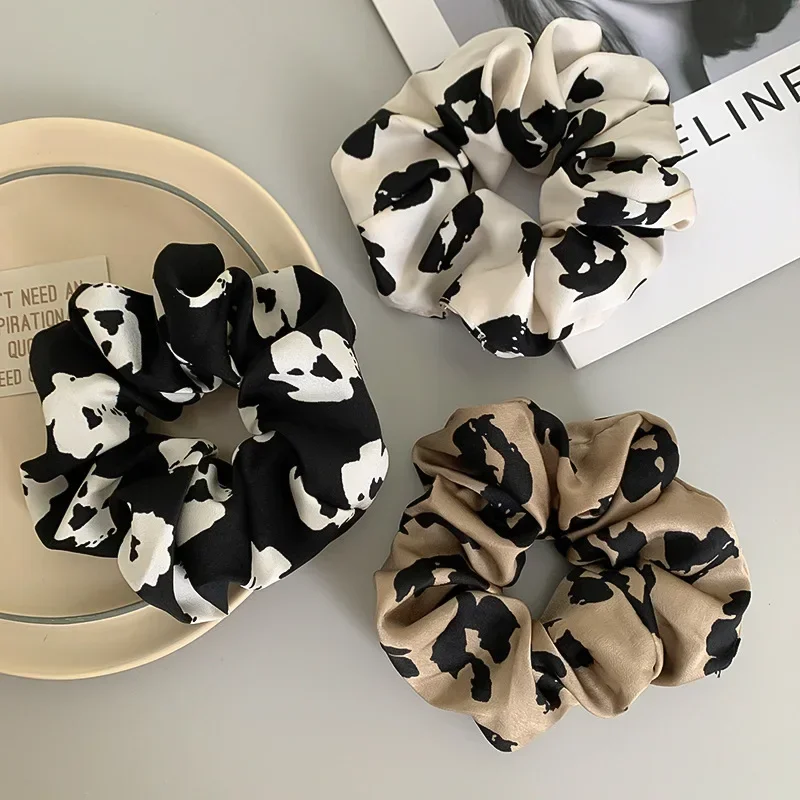 Korean Retro Woman Flower Printed Elastics Hair Band Solid Color Scrunchies Hair Ties Rope Ladies Ponytail Hold Hair Accessories