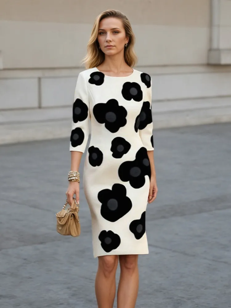 Abito longuette da donna con stampa floreale grande autunno Moda manica a tre quarti Una linea elegante tendenza casual da indossare ogni giorno Abito da ospite per feste
