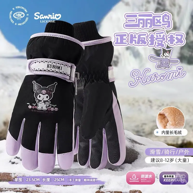 Miniso Kuromi Anime Cartoon Print Winter Outdoor rutschfeste Handschuhe Kinder Radfahren warme wasserdichte winddichte verdickte Handschuhe