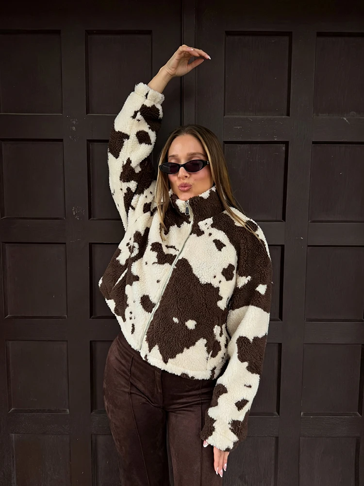 Women Cow Print Cropped Jacket Y2k Oversized High Stand Collar Zip Up Loose Long Sleeve Winter Casual Streetwear Outerwear