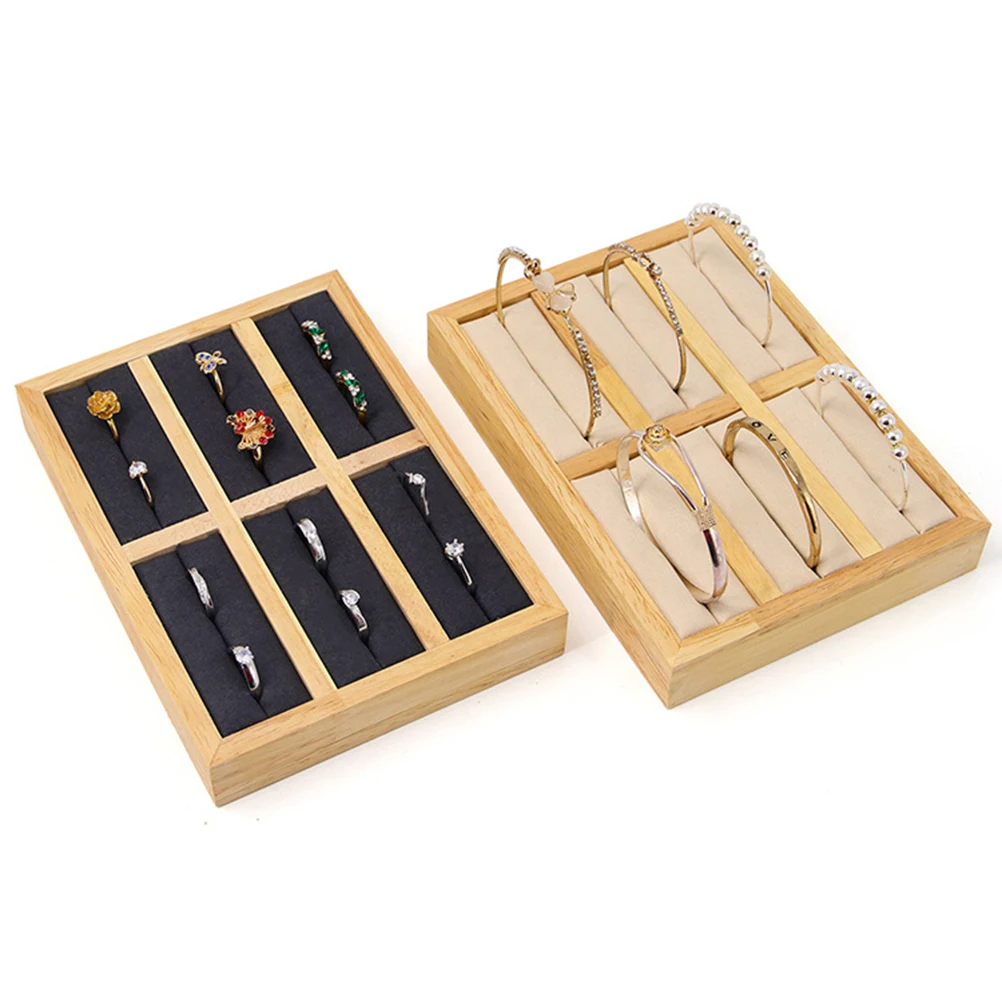 

1pc Wooden Ring Storage Tray 6-Grid Jewelry Organizer Box Soft Lining Space Saving Display Rack Bedroom Dressing Room Use