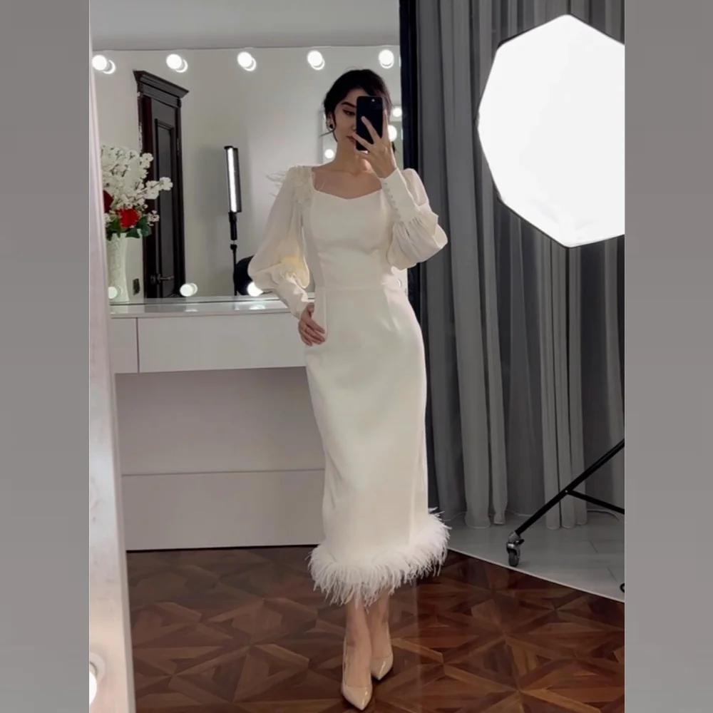 

Customized Sparkle High Quality Exquisite Jersey Feather Applique Pleat Wedding Party A-line Square Collar Bespoke Occasion Gown