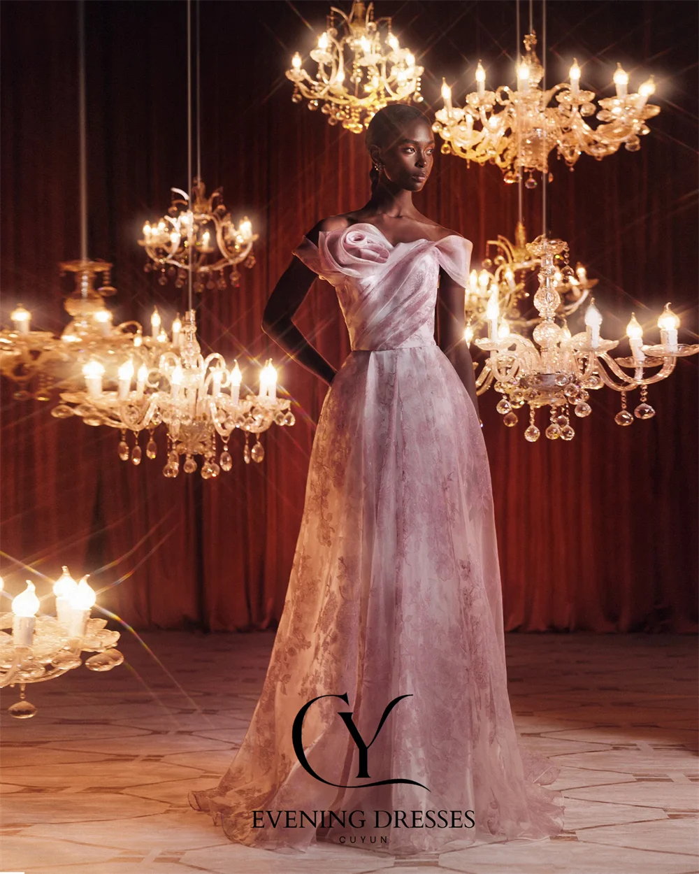 CUYUN فساتين حفلة موسيقية فاخرة منقوشة بالزهور قبالة الكتف مطوي على شكل حرف A فساتين سهرة مخصصة لعيد الميلاد فستان مناسبة رسمية #6
