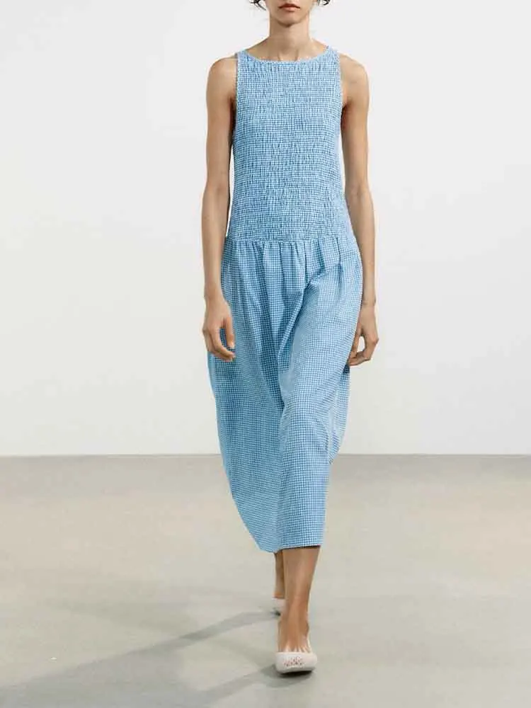 

European style new women's fashion versatile temperament simple plaid round neck sleeveless midi dress
