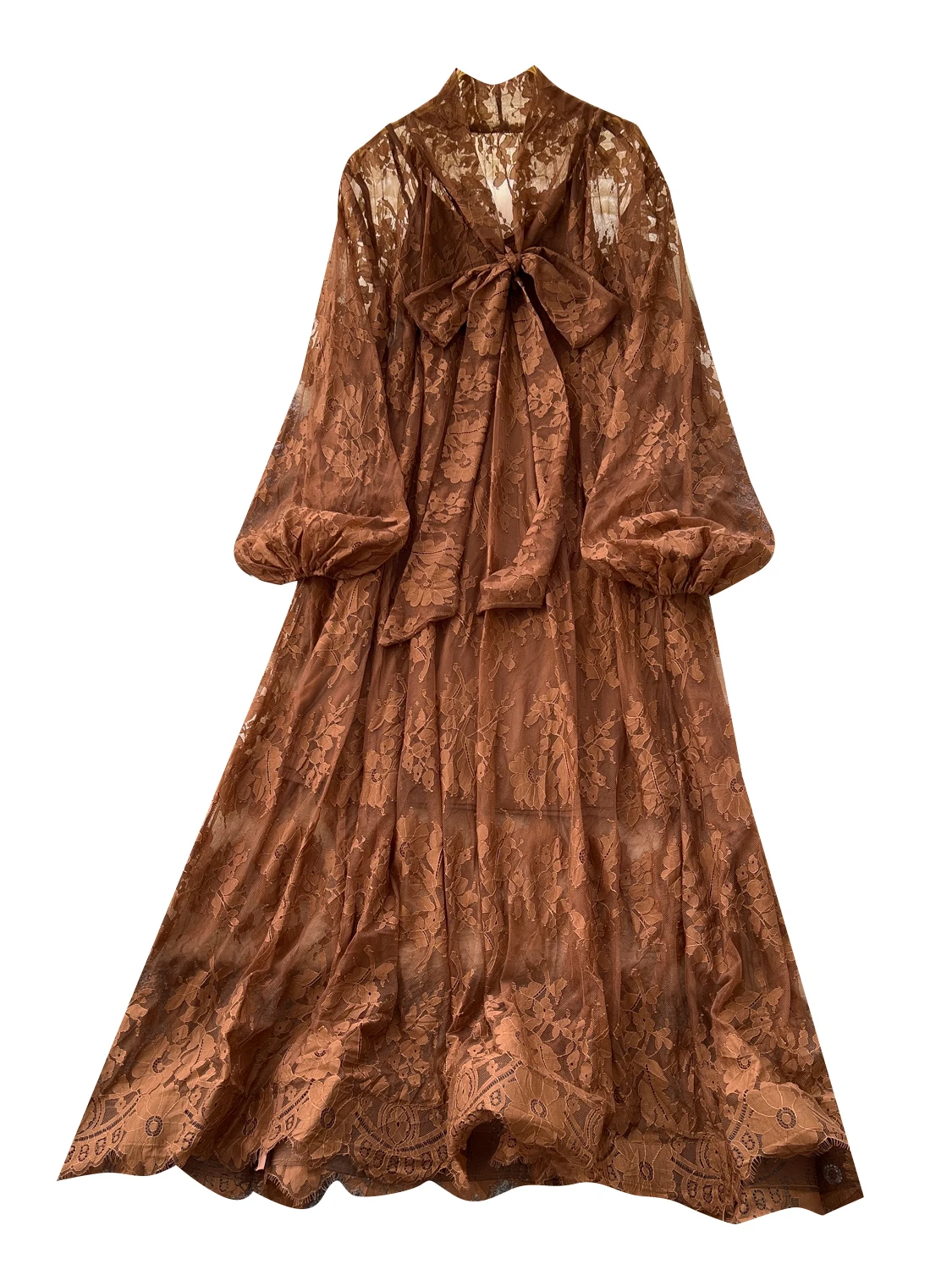 エレガントなVネックレースドレス、蝶ネクタイ付きランタンスリーブ、ゆったりとしたスリムロングスカート、女性用フレンチスタイル、ハイウエスト、ポリエステル繊維