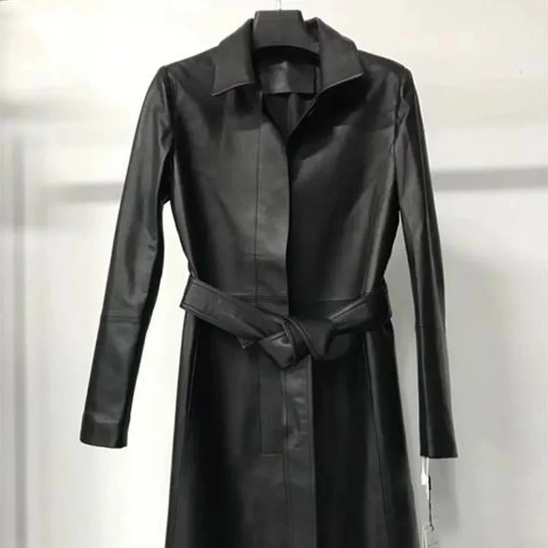 معطف نسائي طويل من الجلد الناعم لعام 2025 من Hebe Sle مصنوع من الجلد البني Jaet مقاس متوسط الطول سترة واقية من هاينينغ