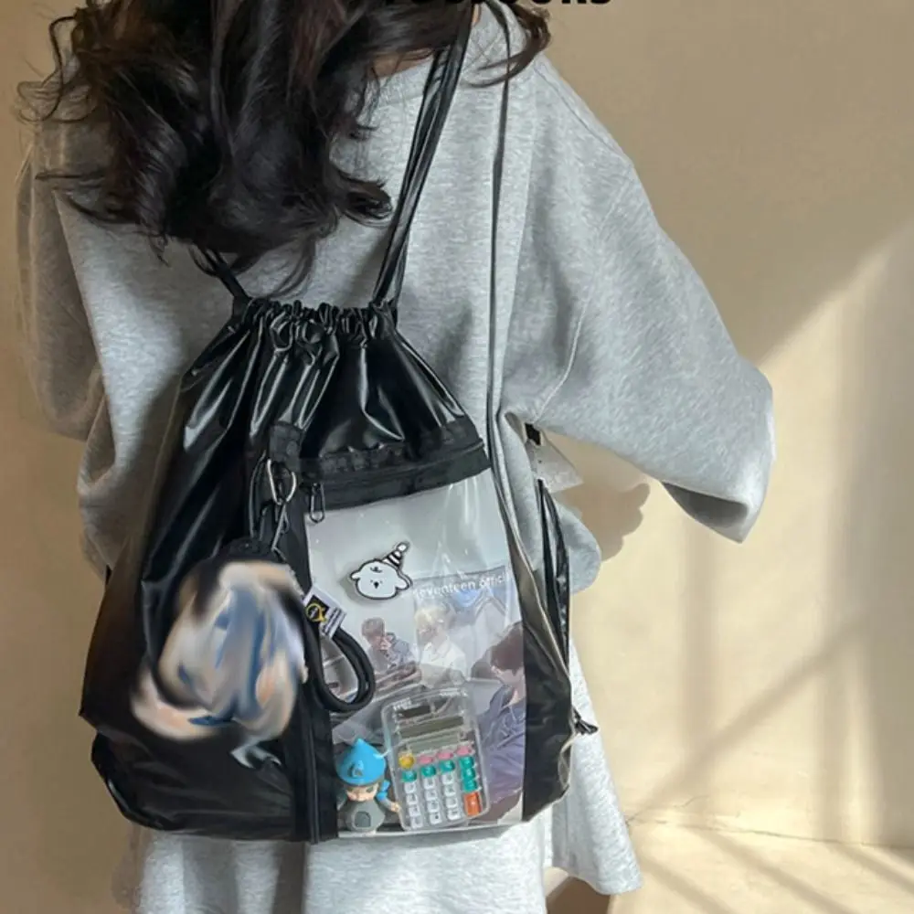

Transparent Pocket Drawstring Backpack Silver PU Lightweight Korean Style Itabag Handheld Bag Large Capacity Shoulder Bag