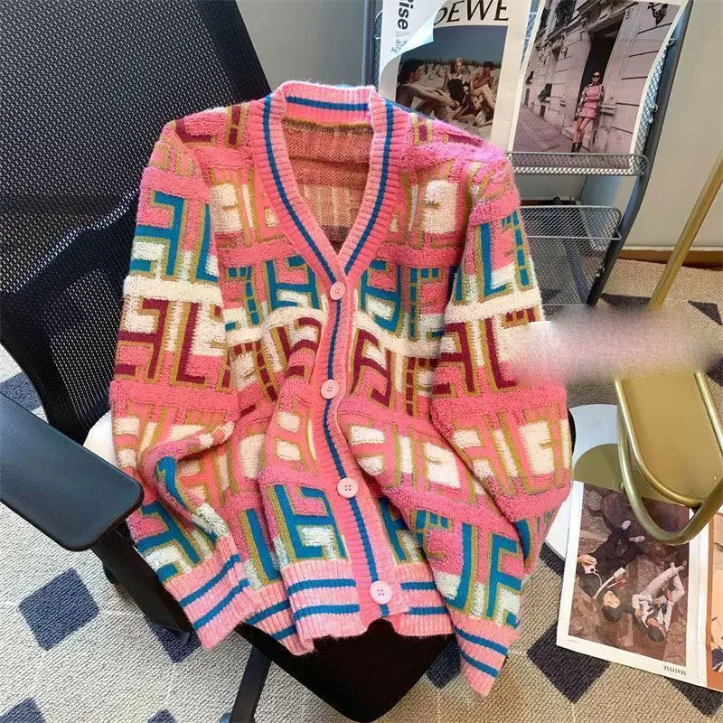 

High Street Popular Retro Color Contrasting Knitted Cardigan Sweater for Women's Autumn Winter Casual Loose Soft Comfort Sweater