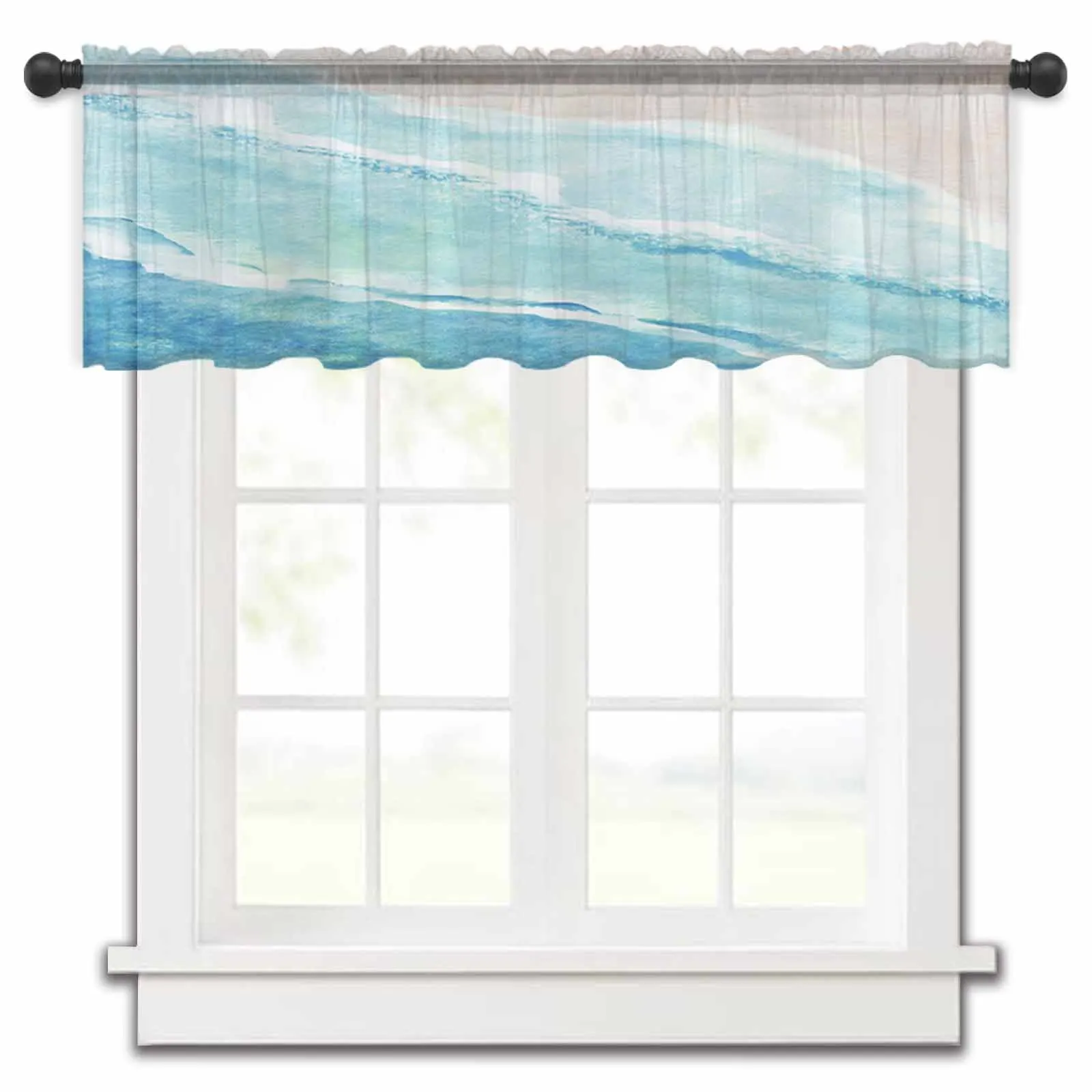 Ocean Waves Beach Turquoise Gradient Kitchen Small Window Curtain Tulle Sheer Short Curtain Living Room Home Decor Voile Drapes